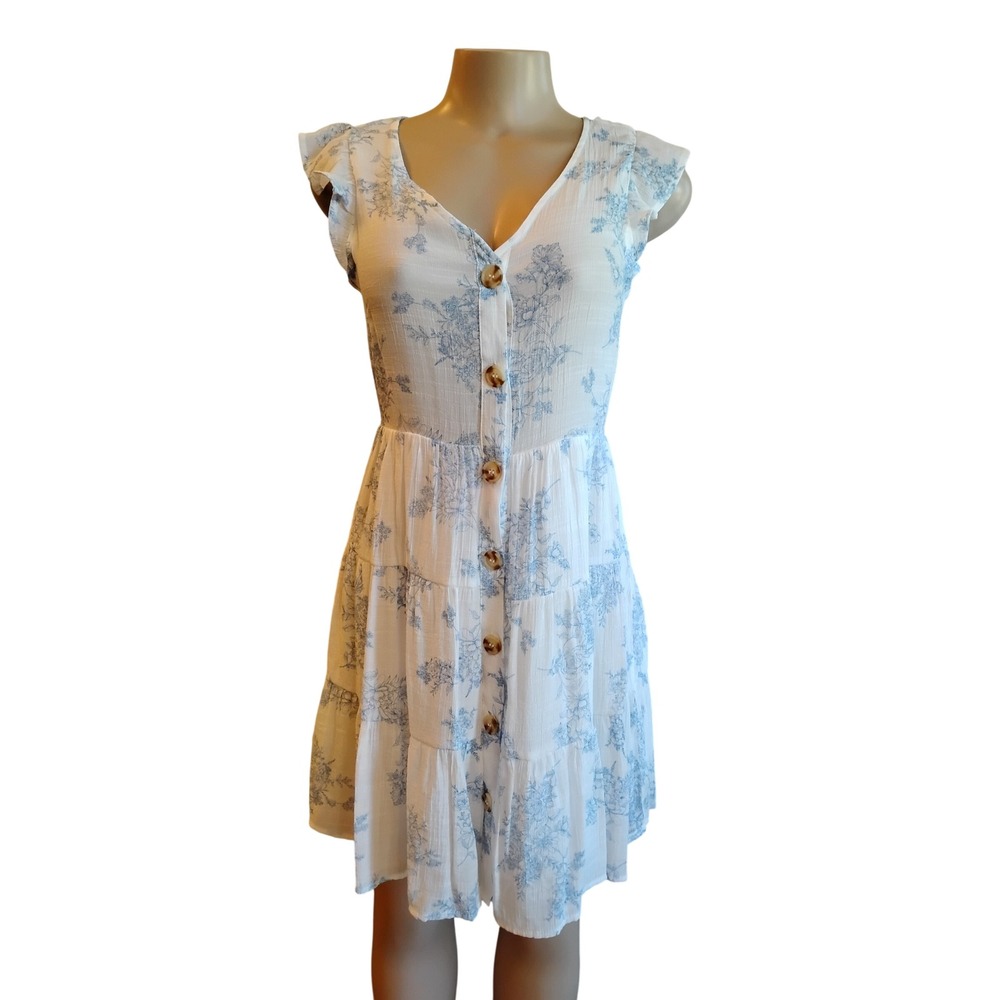 E&M Blue Floral Button Down Tiered Ruffle Mini Dress EM6140 White Small